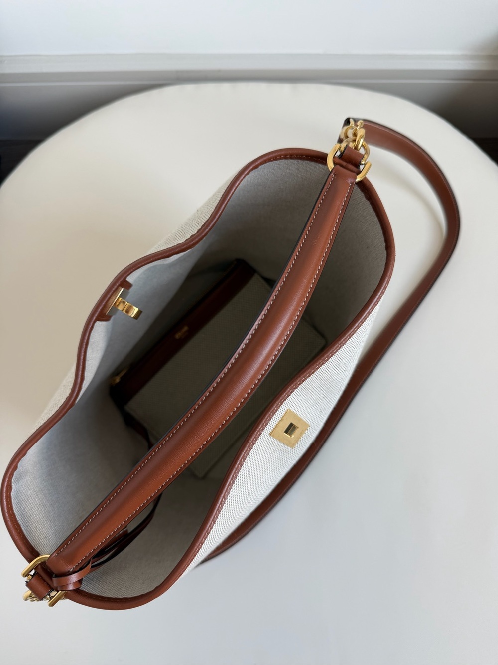 Celine Beige Canvas Bucket Bag with Brown Leather Trim and Gold Hardware - Picture 13 of 14